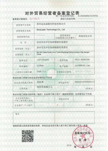 China SinoLaser Technology Co., Ltd. certification
